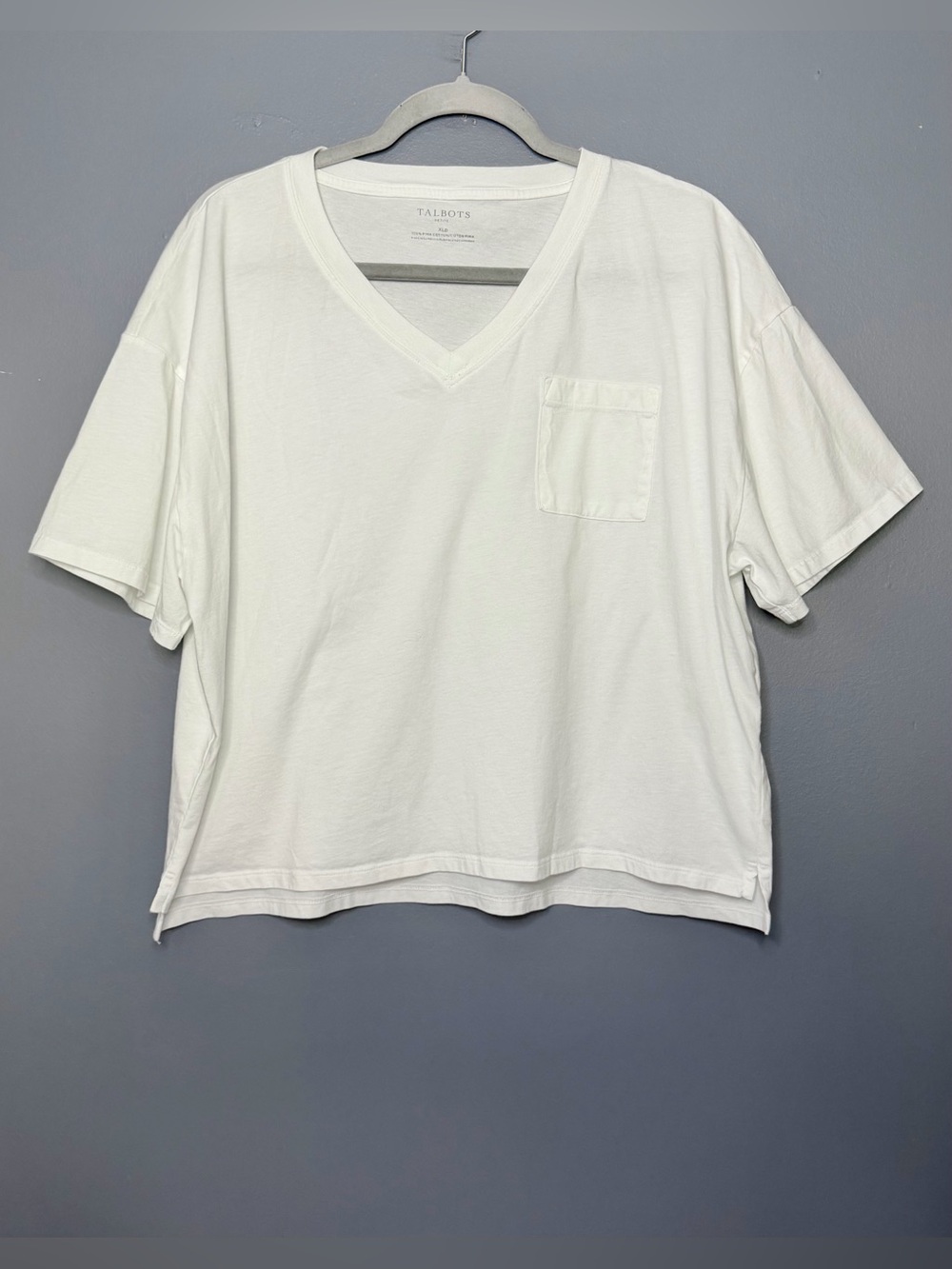 Talbots Shirt Womens Petite PXL White Pima Cotton V Neck Pocket Tee Top Relaxed